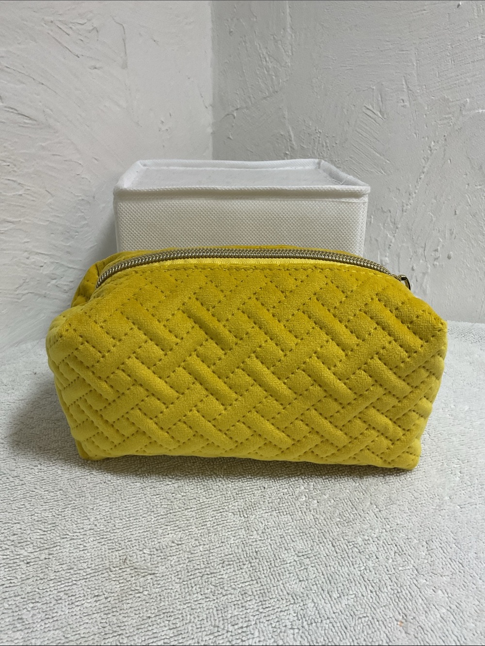 ULTA Beauty Yellow Quilted Velvet Cosmetic Bag Makeup Pouch Gold Zip